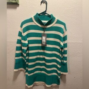 Stylish Teal and Cream Striped Turtleneck Sweater